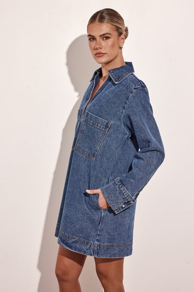 Tara Mini Uzun Kollu Elbise (Denim)